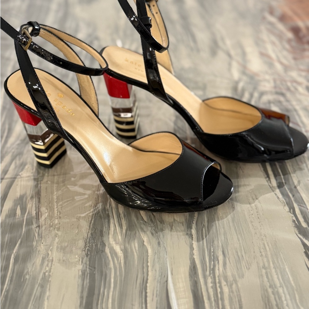 Kate Spade Black and Red Heels with Peep-Toe Design